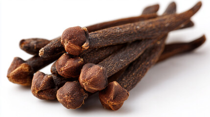 Fototapeta premium Whole Cloves Spice Isolated on White Background. Aromatic brown seasoning for cooking, baking, and beverages.