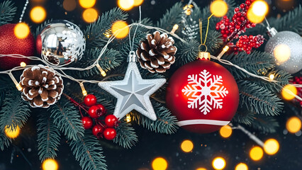 Close up of christmas tree branch with red and silver ornaments, pinecones, and fairy lights on dark background with bokeh effect, festive holiday decoration with star