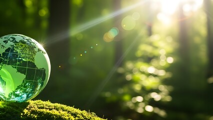 A crystal clear globe representing earth sits on mossy ground with sunbeams shining through a lush green forest in the background conveying eco friendly concepts