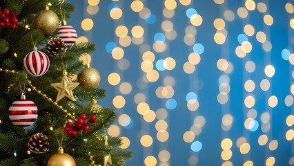 Christmas tree decorated with red and white striped ornaments, gold baubles, pine cones, and fairy lights against a blue background with blurred yellow lights, festive