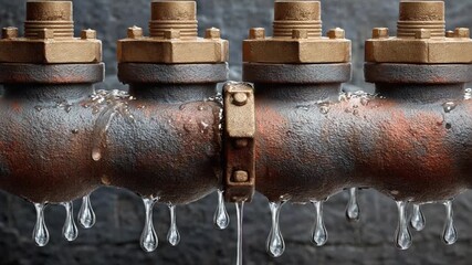 Water Leakage in Pipes: A close-up shot revealing a section of aging metallic pipes with visible water leakage, highlighting the issues of plumbing and potential for damage. 