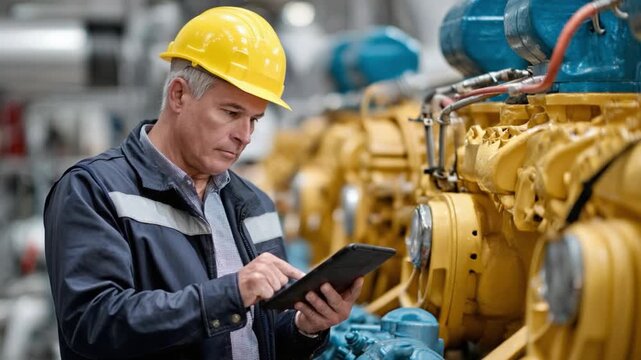 Engineer's Inspection: A focused engineer, donned in a hardhat, meticulously inspects machinery, likely evaluating performance or maintenance.