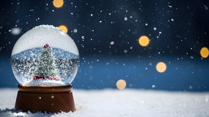 Snow globe on snowy surface with christmas tree inside and lights in background at night with winter and holiday and festive and seasonal and decorative