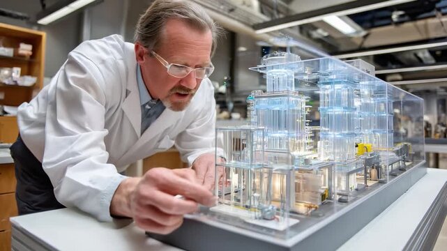 Scientist and Model: A focused scientist, clad in a crisp lab coat, leans intently over an intricate model, engaging in a complex design. This image underscores expertise and a scientific perspective.