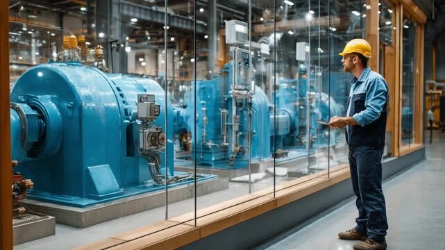 Industrial Oversight: A dedicated professional, adorned with a safety helmet, conducts a thorough inspection of formidable industrial machinery within a state-of-the-art facility. 