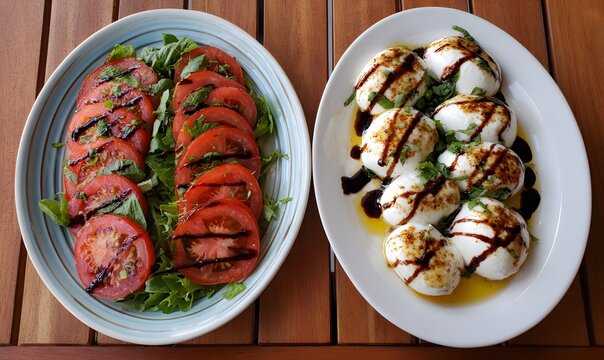 two plates of delicious grilled tomato salad with burrata and balsamic drizzle, one on top of the othe