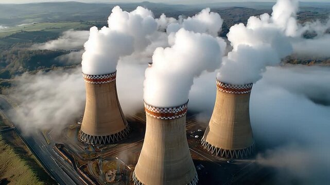 Industrial Smoke Stacks: A mesmerizing aerial perspective captures the imposing industrial smoke stacks billowing forth clouds of vapor amidst the tranquil environment.