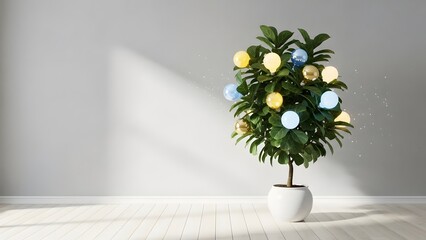 Creative idea concept with light bulbs growing on a potted plant representing innovation, green energy, and business growth in a sunny minimalist room