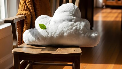 Fluffy white cloud shaped pillow with green leaf resting on wooden chair in sunlit cozy room