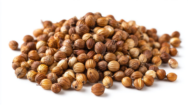 Pile of dried coriander seeds on a white background, close-up. Essential culinary spice for cooking, baking, and seasoning dishes. Food ingredient.