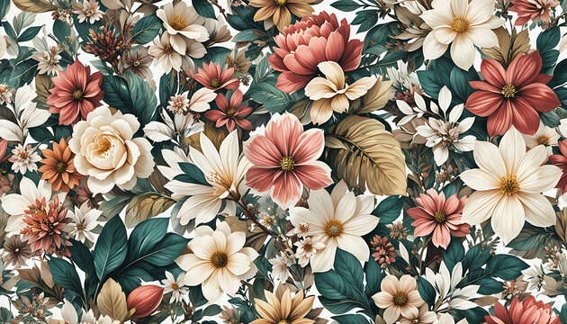 Colorful floral pattern with white pink and red flowers and green leaves on white background - Powered by Adobe