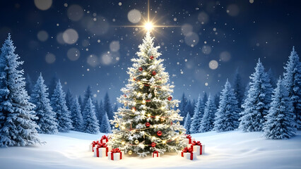 Christmas tree with presents in snowy forest at night with star on top and snowflakes falling around with holiday and festive and winter and celebration