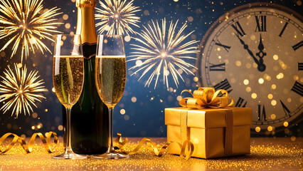 New year's eve celebration with champagne, gift, clock striking midnight and fireworks exploding in the background, joyful and festive atmosphere with gold confetti