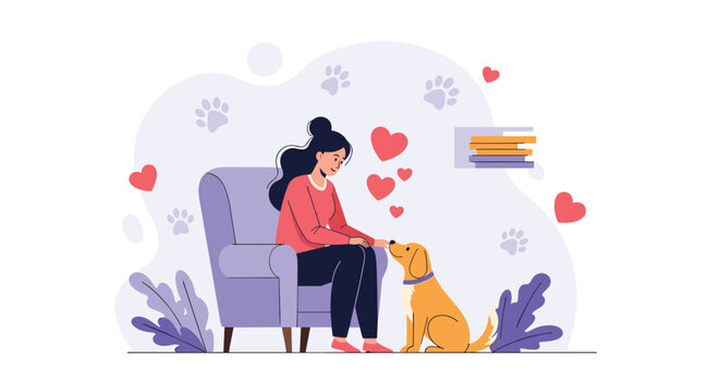 Happy woman sits in a soft armchair petting her loyal golden retriever dog surrounded by floating red heart icons in a warm home setting.