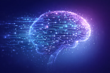 A glowing digital brain formed from a stream of data lines, glowing nodes, symbolizes artificial intelligence, neural networks, futuristic technology, AI.