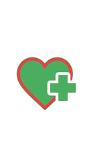 Fototapeta premium Green heart with white medical cross icon symbolizing health, care, wellness, first aid, and positive medical concepts.