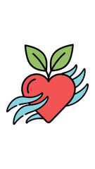 Obraz premium Vibrant graphic illustration of a red heart with green leaves and blue wavy elements, symbolizing love, nature, growth, health, and passion.