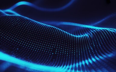 Macro view of blue dotted lines forming dynamic glowing waves in dark digital space texture