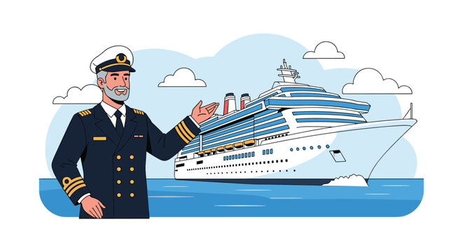 Friendly ship captain in a navy uniform and hat stands proudly in front of a large, modern white cruise ship on the blue ocean under a clear sky.