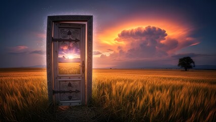 Surreal open wooden door in a golden wheat field at sunset, magical portal concept with dramatic clouds and sparkles