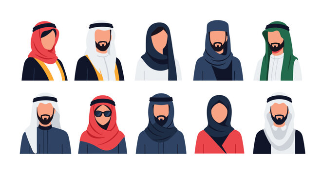Collection of diverse avatars representing middle eastern men and women wearing traditional clothing like hijabs and ghutras.