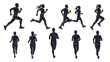 Fototapeta premium Collection of Silhouettes of Men and Women Running in Various Poses and Directions.