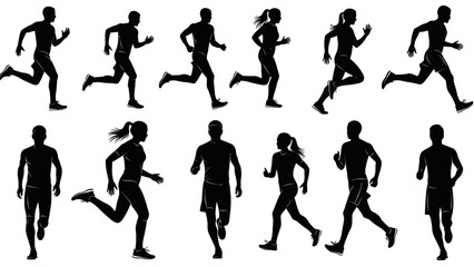 Collection of Silhouettes of Men and Women in Various Running Poses.