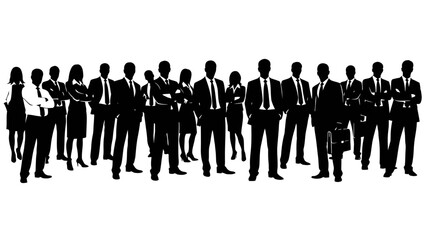 A diverse group of business professionals standing together in a silhouette formation, representing teamwork and corporate unity.