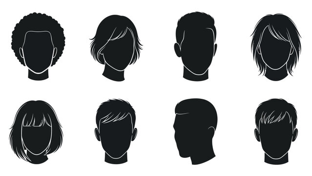 Collection of eight black silhouette head profiles showcasing diverse hairstyles and genders.