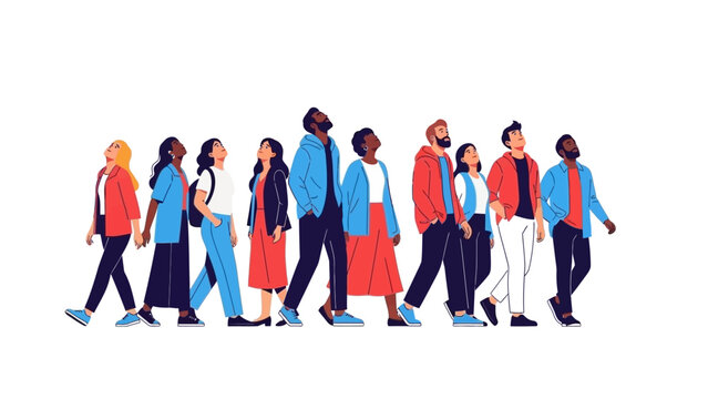 A diverse group of people of various ages and ethnicities walking together in the same direction.