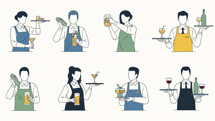 Collection of stylized illustrations depicting bartenders and servers preparing and presenting various beverages.