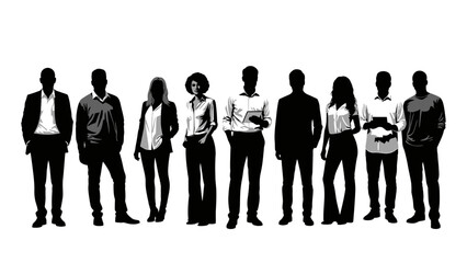 A diverse group of silhouetted individuals standing together against a white background, showcasing a variety of professional attire. © Adi studio
