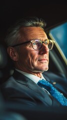 Obraz premium Mature businessman driving in car while focused and wearing glasses, vertical photo