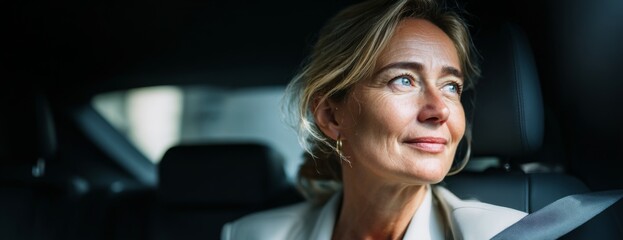 Mature businesswoman sitting in the back seat of a car, driving to a meeting  