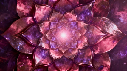 Mystical mandala art: pink lotus on black background, cosmic and fantastic illustration background material, meditation, geometric pattern, fantasy texture