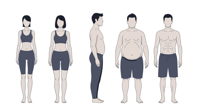 Illustration showing different body types for men and women, ranging from slender to overweight.