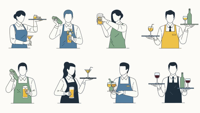 Collection of stylized illustrations depicting bartenders and servers preparing and presenting various beverages.