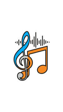 Colorful musical notes icon with sound waves. Treble clef and eighth note illustration representing audio, music, and rhythm.