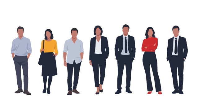 A diverse group of business professionals standing together in a line, showcasing modern office attire.