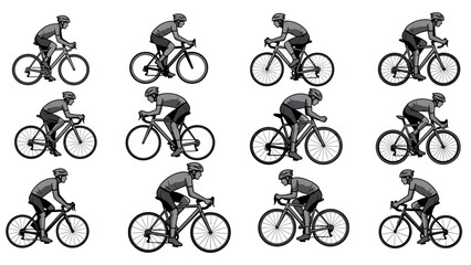 A grid of twelve illustrations depicting a cyclist in various aerodynamic riding positions.
