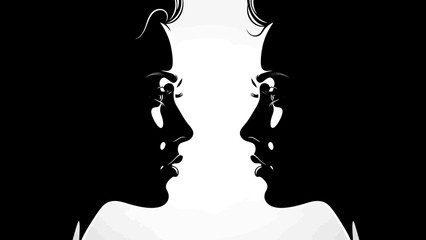 A striking black and white illustration depicts two profiles of human faces facing each other, creating a sense of duality or reflection. © Adi studio
