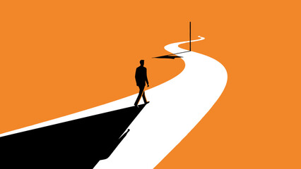 A solitary figure walks down a winding white path towards a distant pole against a vibrant orange background, casting a long shadow. © Budi