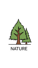 Fototapeta premium Simple stylized nature icon with green trees, representing forest, wilderness, and environmental conservation in a minimalistic graphic illustration.