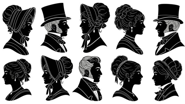 A collection of elegant silhouette portraits of men and women from the Regency era, showcasing intricate hairstyles and period attire.