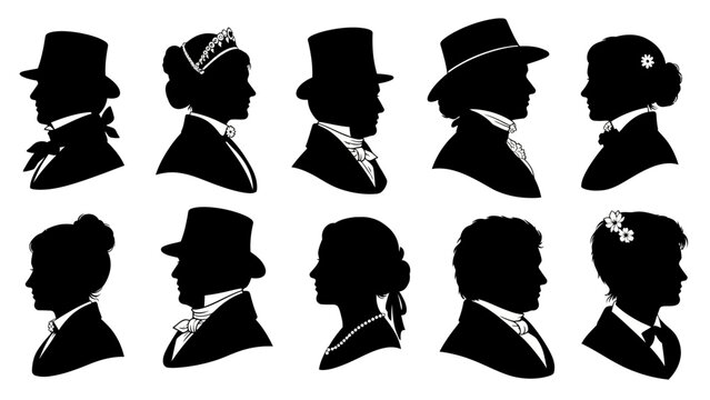 Collection of black silhouettes of men and women in historical attire, showcasing formal hats and hairstyles.