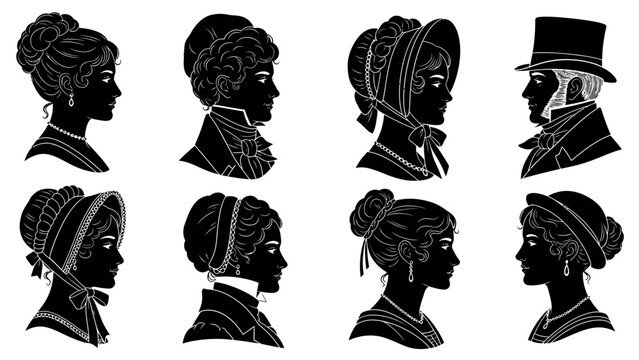 A collection of eight silhouette portraits, featuring women in historical hairstyles and bonnets, and one man in a top hat.