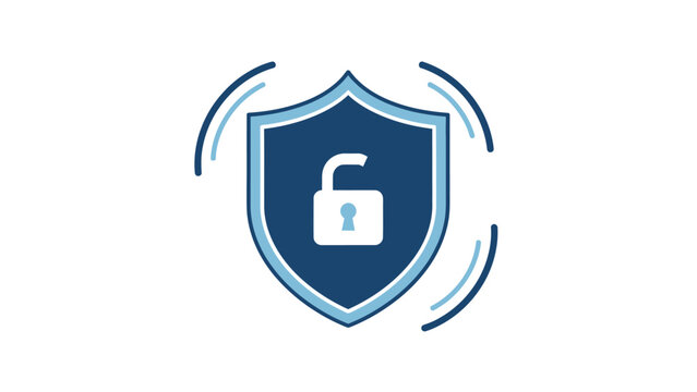 Cyber security vulnerability icon, blue shield with open padlock symbol, indicating data breach, unlocked access, or risk