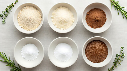 Six bowls of baking essentials cocoa, various flours, and sugars, artfully arranged with fresh herbs, ideal for recipe content or culinary themes