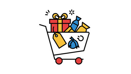 Vibrant line art illustration of a shopping cart filled with products, a gift box, and price tag. E-commerce, retail, and consumer buying.