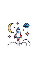 Vibrant Line Art Rocket Launching into Outer Space with Moon, Stars, and Planet. Concept for Exploration, Future, and Science.
